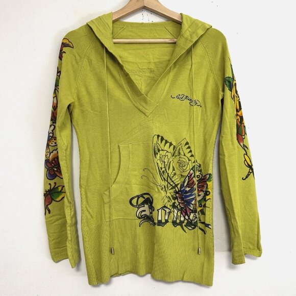 Ed Hardy Tops - VTG Ed Hardy Green Butterfly Tattoo Top‎ V-Neck Hoodie Tiger Eye Rhinestone Y2K